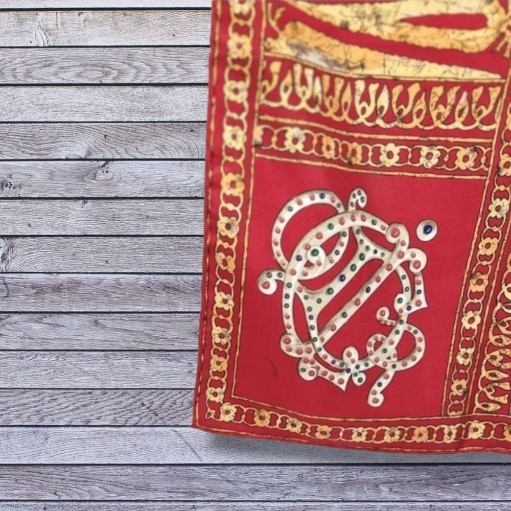DIOR Vintage Red, Gold & Blue Silk Scarf - Intricate Hand Rolled Edges 90 Square - Picture 7 of 13